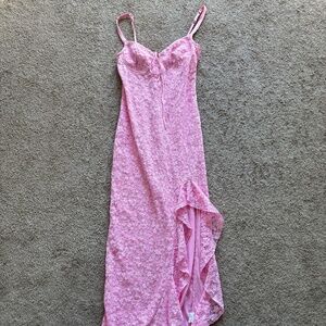 Pink Lace Maxi Dress with Ruffle Slit